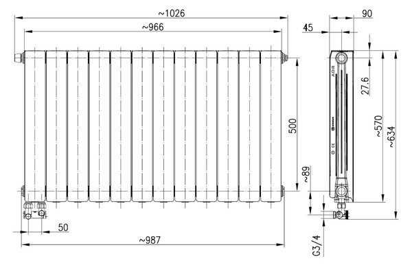 KFA Armatura ADR pokojový radiátor 57x96.6 cm podłączenie spodní bílá 763-123-44