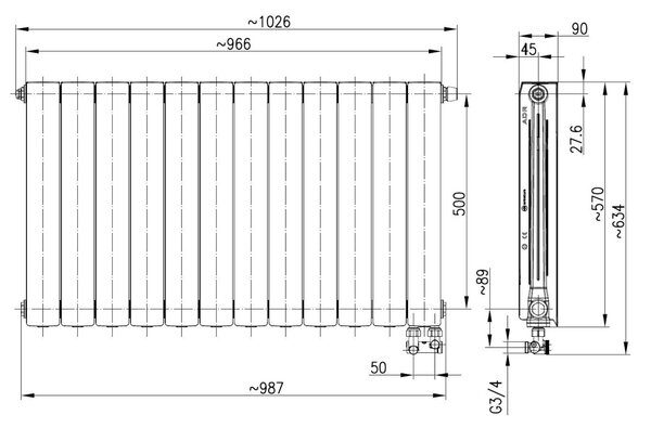 KFA Armatura ADR pokojový radiátor 57x96.6 cm podłączenie spodní bílá 763-123-44