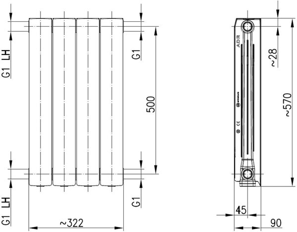 KFA Armatura ADR pokojový radiátor 57x32.2 cm podłączenie boční černá 763-040-81