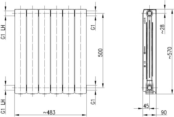 KFA Armatura ADR pokojový radiátor 57.2x48.3 cm podłączenie boční černá 763-060-81