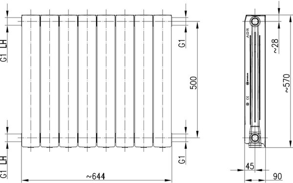 KFA Armatura ADR pokojový radiátor 57x64.4 cm podłączenie boční černá 763-080-81