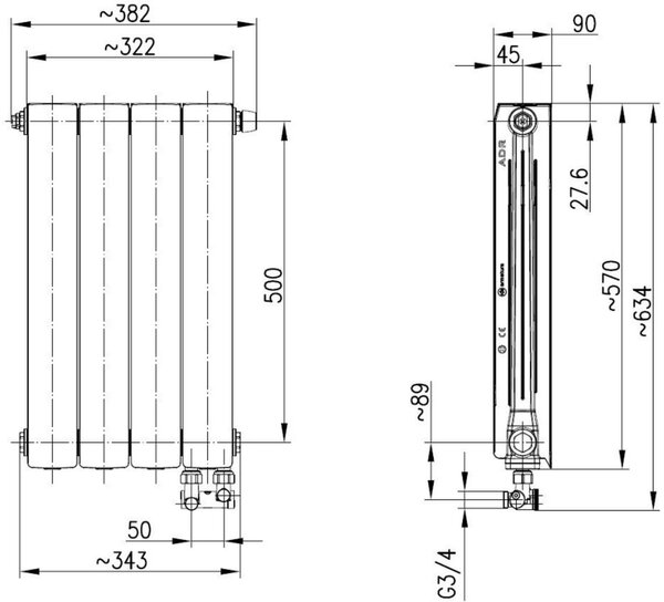 KFA Armatura ADR pokojový radiátor 57x32.2 cm podłączenie spodní bílá 763-041-44