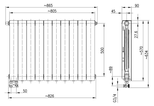 KFA Armatura ADR pokojový radiátor 57x80.5 cm podłączenie spodní bílá 763-103-44