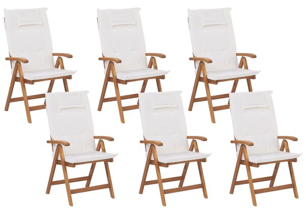 Sada 6 zahradních židlí z akátového dřeva s polštářky bílá JAVA