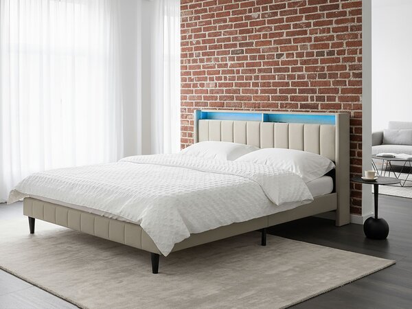 LED postel BEAULIEU Tkanina Béžová 180 x 200 cm s úložným prostorem s USB portem