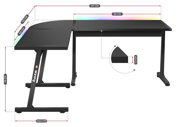 Rohový PC stolek Hyperion 6.0 (černá + vícebarevná) (s LED osvětlením)