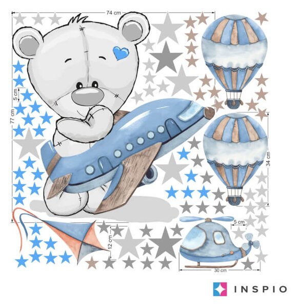 INSPIO Chlapecká samolepka na zeď - Medvídek s modrým letadlem