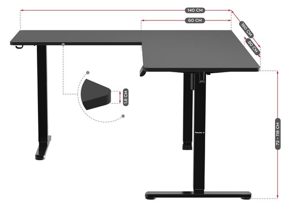 Elektricky nastavitelný Rohový PC stolek Hyperion 9.5 (černá)