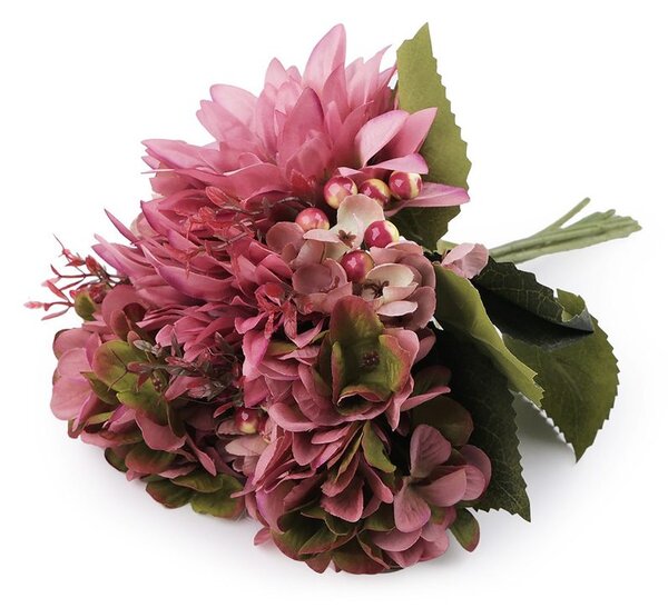 Umělá kytice chryzantéma, hortenzie - 4 starorůžová