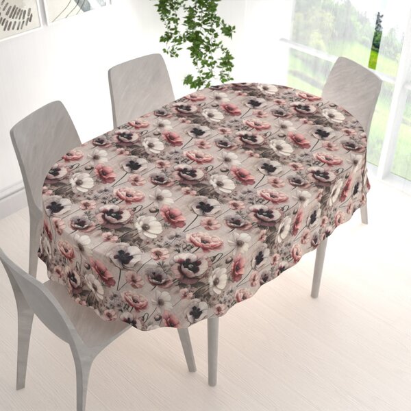 Biante Dekorační oválný ubrus Terra TRA-003 Růžovo-bílé květy na šedobéžovém 50x100 cm