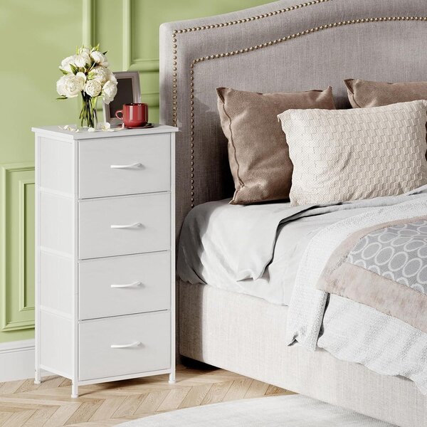 Komoda se 4 zásuvkami potaženými látkou, bílá, rozměry 30 x 42 x 93 cm