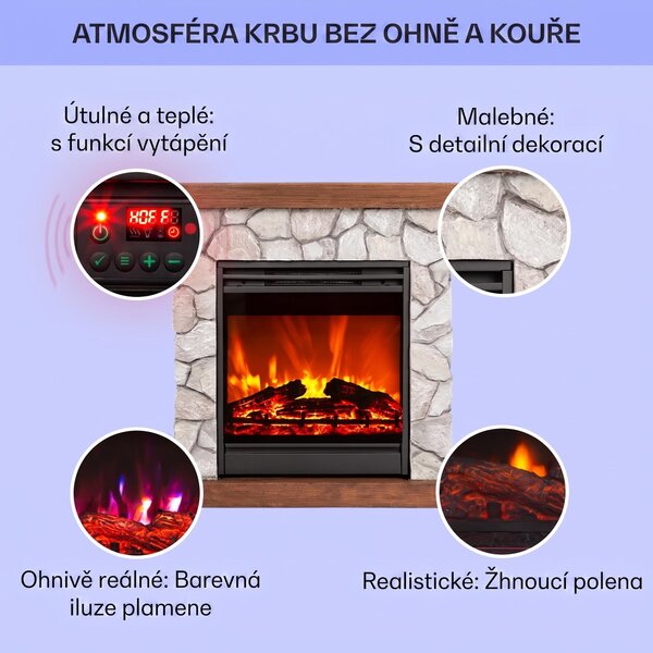 Klarstein Dekorativní krb s LED plameny, elektrický krb s ohřívačem, 1800W elektrický krb, úsporný elektrický krb, nástěnný krb s dálkovým ovládáním a časovačem, elektrické krby s krytem z polystonu