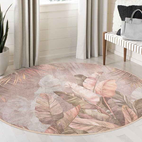 Světle růžový pratelný kulatý koberec ø 80 cm Dusty Leaves – Mila Home