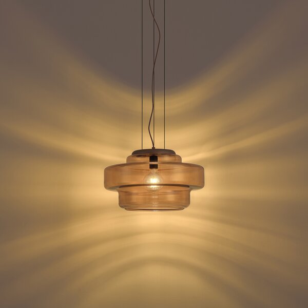 Retro závěsná lampa tmavý bronz s jantarovým sklem - Barb