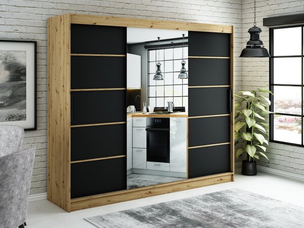Zrcadlová skříň s posuvnými dveřmi LURDES 5 - šířka 250 cm, dub artisan / černá