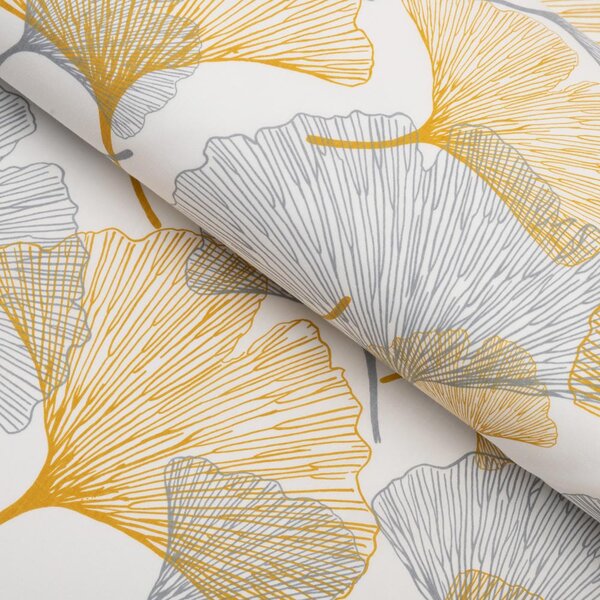 Biante Polštář válec bonbon Sandra SA-745 Šedo-hořčicové ginkgo listy na bílém 15x40 cm