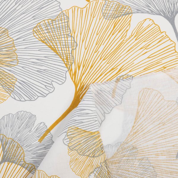 Biante Bavlněný závěs Sandra SA-745 Šedo-hořčicové ginkgo listy na bílém 150x140 cm