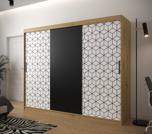 Šatní skříň s grafikou PERIANA - šířka 250 cm, dub artisan / bílá / černá