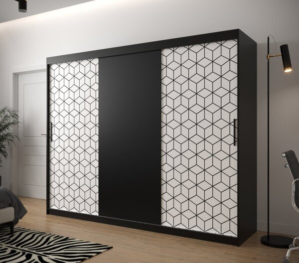 Šatní skříň s grafikou PERIANA - šířka 250 cm, černá / bílá