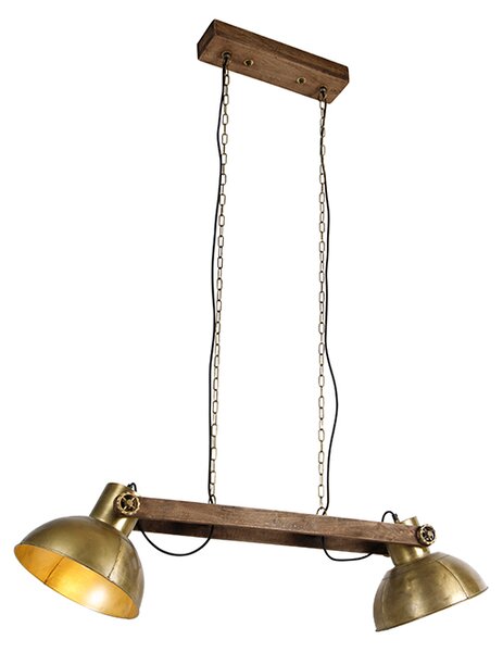 Průmyslová závěsná lampa zlatá 2-světla se dřevem - Mango