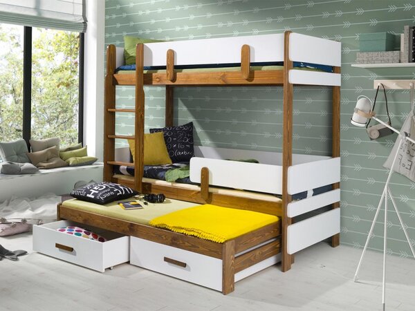 Dětská patrová postel se zábranou 90x200 HALVER 2 - bílá / dub, pravé provedení