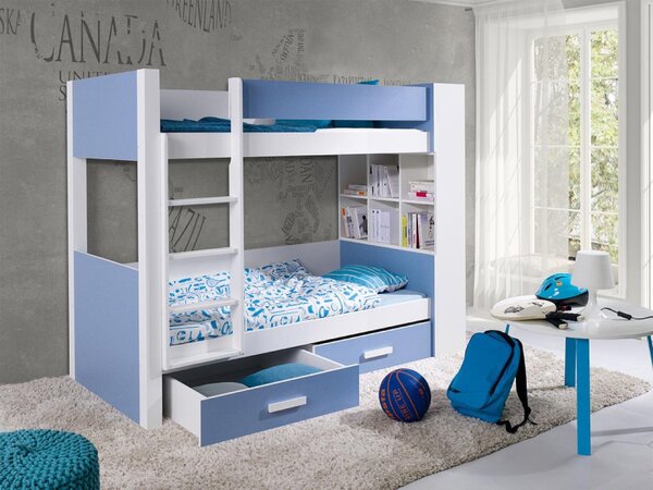 Dětská patrová postel se šuplíky 90x200 LEUN - bílá / modrá, levé provedení