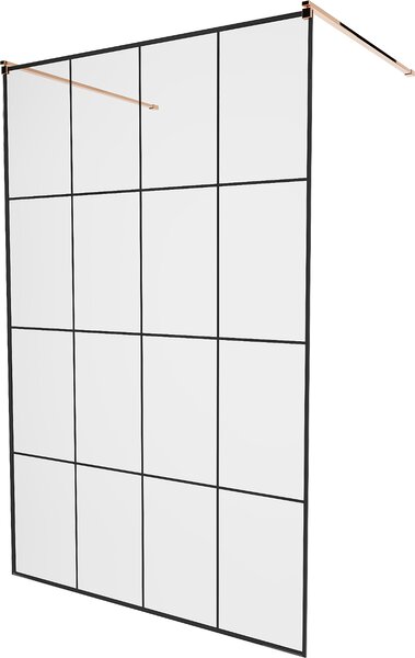 MEXEN - Kioto zástěna sprchová samostatně stojící 130 x 200 cm, transparentní/černá 8 mm, růžově zlatá - 800-130-002-60-77
