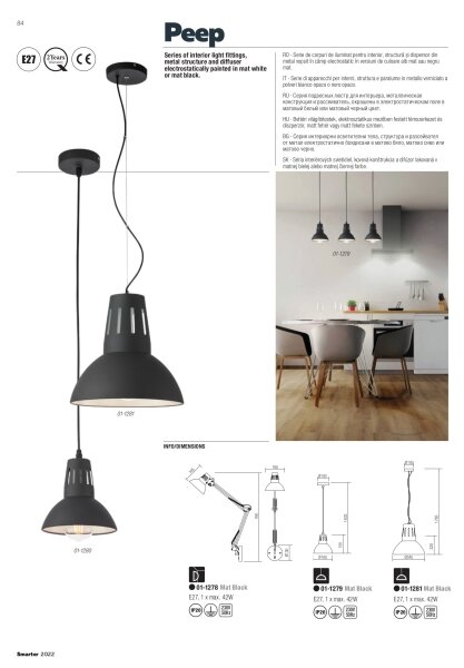 Redo 01-1281 - Lustr na lanku PEEP 1xE27/42W/230V pr. 34,5 cm černá