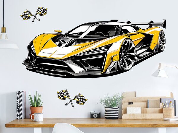 Žlutý sporťák textilní přelepitelná samolepka na zeď arch 47 x 19 cm