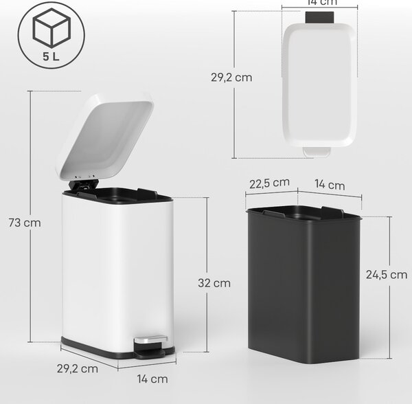 HOMCOM Odpadkový koš 5L s měkkým víkem a pedálem, koš na odpadky vč. vnitřního kbelíku, kosmetický koš do obývacího pokoje, kanceláře, kovový, bílý, 2