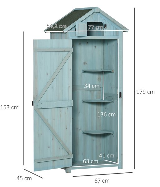 Dřevěná zahradní kůlna Outsunny, odolná vůči povětrnostním podmínkám, 77x54,2x179 cm, kůlna s dveřmi, sedlovou střechou, skříň s policemi, zahradní sk