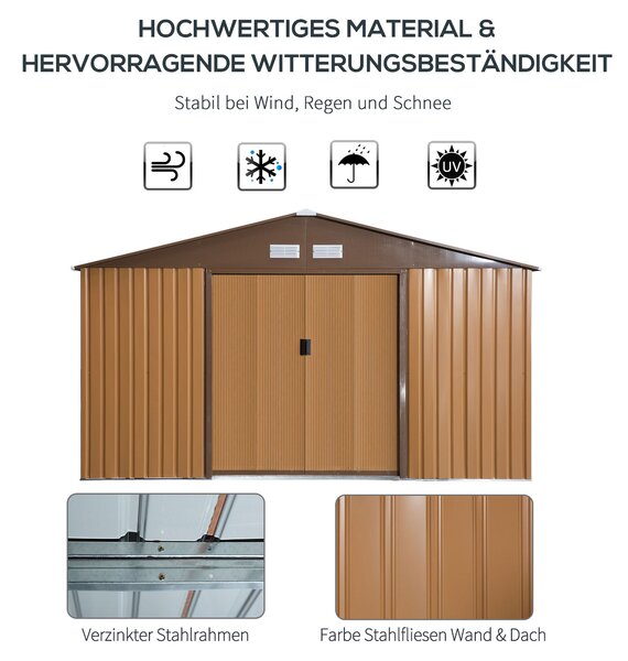 Outsunny kovový kůlna na nářadí 26,2 m³ 340x386x200 cm se sedlovou střechou, základovou podložkou, posuvnými dveřmi, odolný proti vlivům počasí, zahra