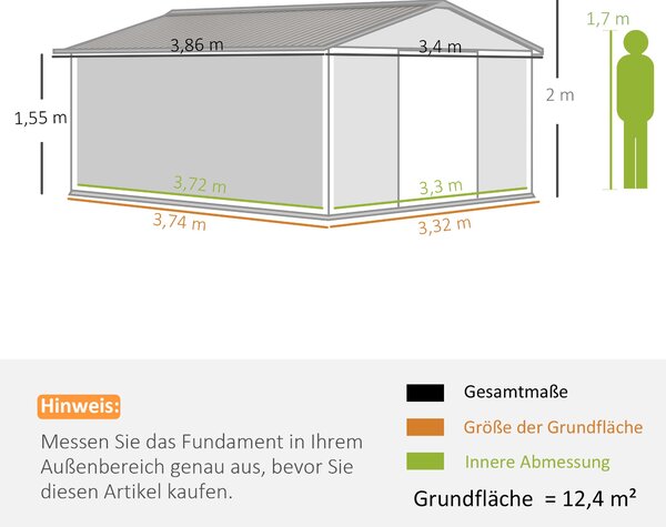 Outsunny kovový kůlna na nářadí 26,2 m³ 340x386x200 cm se sedlovou střechou, základovou podložkou, posuvnými dveřmi, odolný proti vlivům počasí, zahra