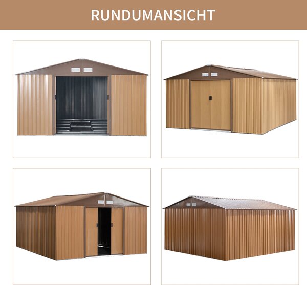 Outsunny kovový kůlna na nářadí 26,2 m³ 340x386x200 cm se sedlovou střechou, základovou podložkou, posuvnými dveřmi, odolný proti vlivům počasí, zahra
