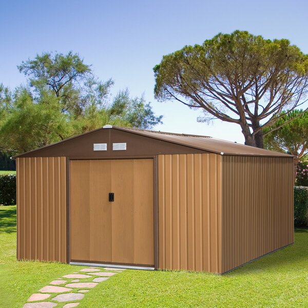 Outsunny kovový kůlna na nářadí 26,2 m³ 340x386x200 cm se sedlovou střechou, základovou podložkou, posuvnými dveřmi, odolný proti vlivům počasí, zahra