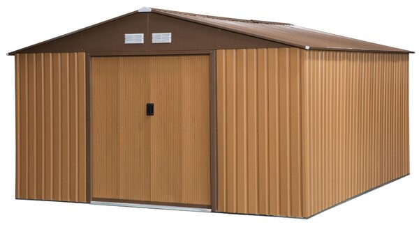 Outsunny kovový kůlna na nářadí 26,2 m³ 340x386x200 cm se sedlovou střechou, základovou podložkou, posuvnými dveřmi, odolný proti vlivům počasí, zahra