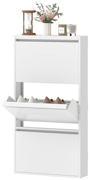 HOMCOM kovová skříňka na boty s 3 výklopnými přihrádkami — úzká nástěnná skříňka na 6 párů, 55 × 15 × 105,5 cm, bílá | Aosom