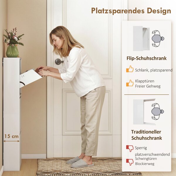 HOMCOM kovová skříňka na boty s 3 výklopnými přihrádkami — úzká nástěnná skříňka na 6 párů, 55 × 15 × 105,5 cm, bílá | Aosom