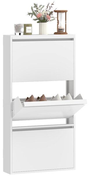 HOMCOM kovová skříňka na boty s 3 výklopnými přihrádkami — úzká nástěnná skříňka na 6 párů, 55 × 15 × 105,5 cm, bílá | Aosom