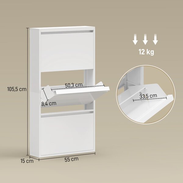 HOMCOM kovová skříňka na boty s 3 výklopnými přihrádkami — úzká nástěnná skříňka na 6 párů, 55 × 15 × 105,5 cm, bílá | Aosom