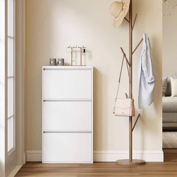 HOMCOM kovová skříňka na boty s 3 výklopnými přihrádkami — úzká nástěnná skříňka na 6 párů, 55 × 15 × 105,5 cm, bílá | Aosom