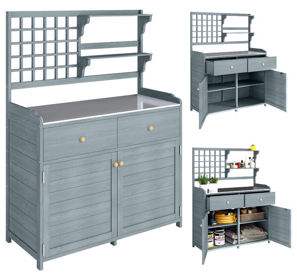 Outsunny světle šedý zahradní stůl na přesazování se skříňkou a pozinkovanou pracovní deskou, 2 zásuvky — 104 x 44 x 140 cm | Aosom