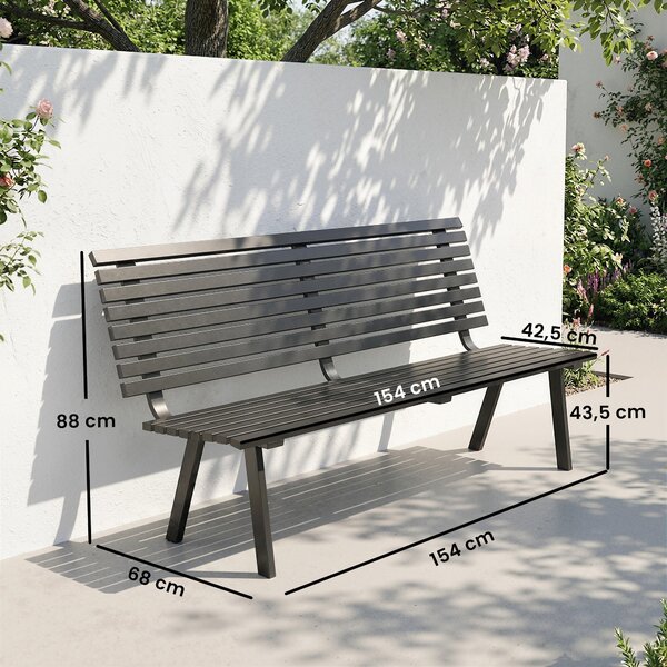 Outsunny 3místná kovová zahradní lavice, odolná proti povětrnosti, lamelové provedení, nosnost 240 kg — 154 × 68 × 88 cm, černá | Aosom