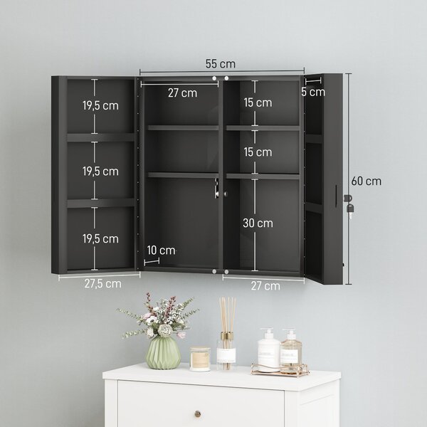 Kleankin uzamykatelná lékárnička, 2 dvířka, 6 polic, ocel, 55 × 18 × 60 cm, antracit | Aosom