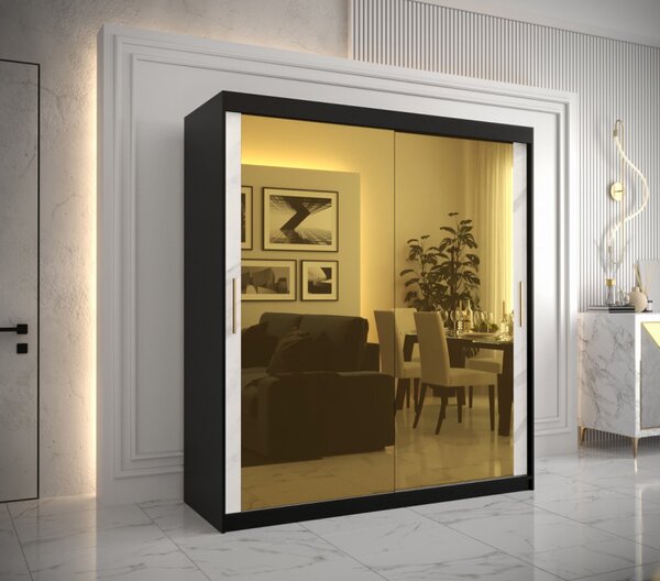 Designová šatní skříň se zlatým zrcadlem MADLA 3 - šířka 180 cm, černá / bílá