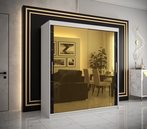 Designová šatní skříň se zlatým zrcadlem MADLA 3 - šířka 180 cm, bílá / černá