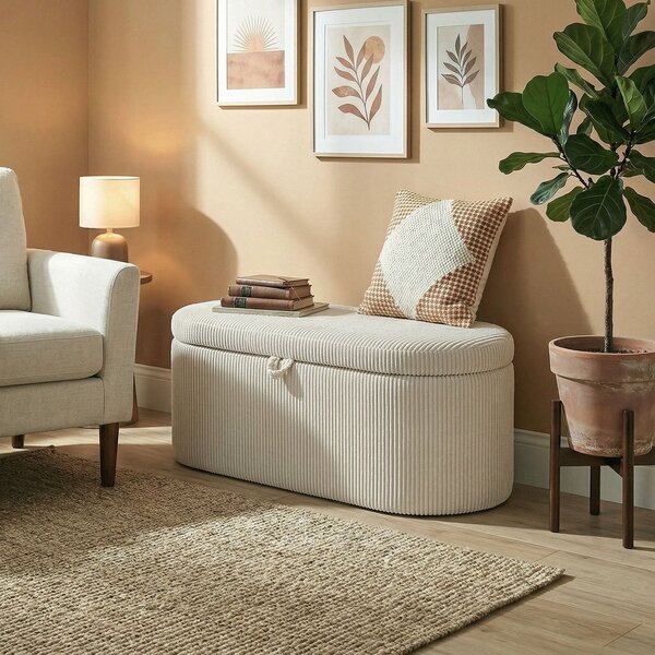 HOMCOM čalouněná lavice s úložným prostorem, manšestr – 105 × 51 × 49 cm, nosnost 200 kg, béžová | Aosom