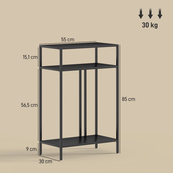 HOMCOM úzký konzolový stolek se 3 policemi, průmyslový kovový odkládací stolek do obýváku a předsíně, 55 x 30 x 85 cm | Aosom
