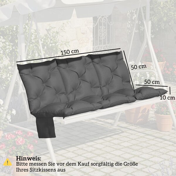 Outsunny polštář na lavici pro 3 osoby 150 x 100 x 10 cm — prošitý, voděodpudivý polyester, ochrana UPF 30+, popruhy a postranní kapsa — tmavě šedý |