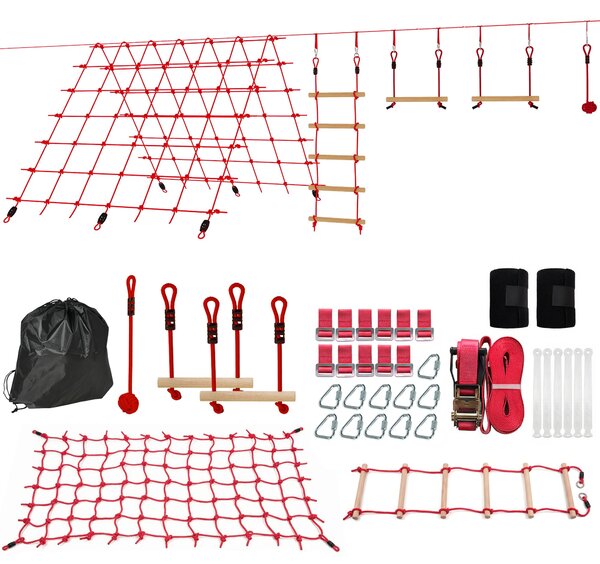 AIYAPLAY Ninja Line dětská slackline sada 10 m — kruhy, houpačka, žebřík a lezecká síť — venkovní hřiště pro 3–6 let | Aosom